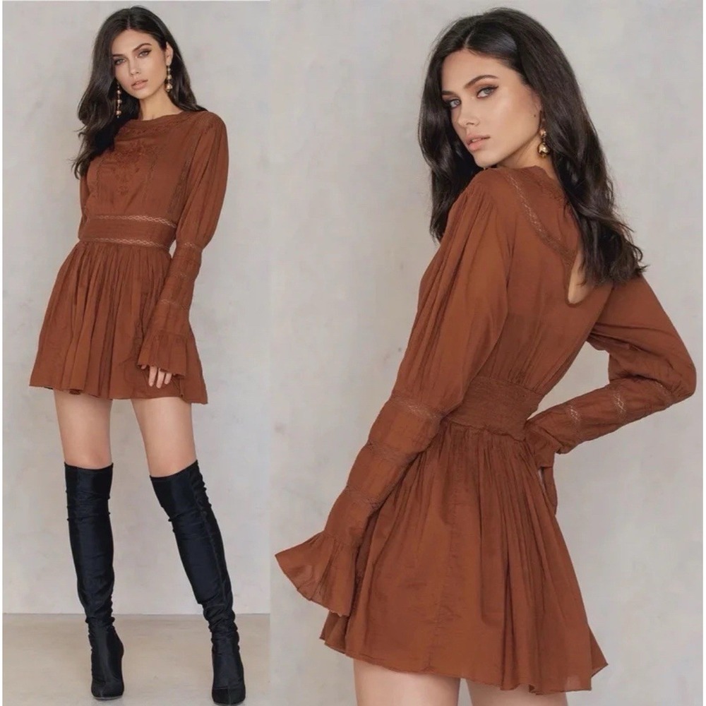 Free People Mini Dress Womens‎ 6 Rust Brown Embroidered Boho Lace Bell Sleeve